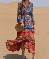 Robes longues maxi à manches longues et col en V, motif floral, taille naturelle, écologiques, style bohème de plage pour femmes avec ourlet à volants
