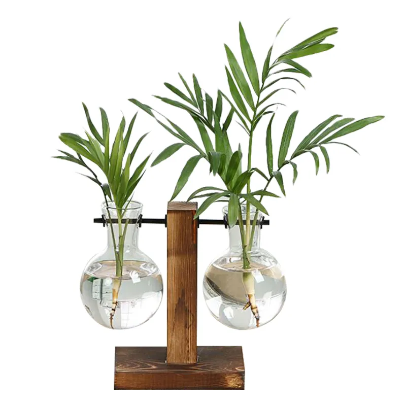 Pot de fleur en verre Style Vintage européen, Vase de décoration de noël avec plateau en bois pour plantes