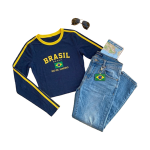 Camiseta Corta de Manga Larga con Gráficos de Brasil, Diseño Personalizado OEM, para Mujer, de Algodón, Ajustada, Estilo Fútbol, Streetwear, Estética Y2K, 2026 - Product Image 1