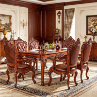 Ensemble de salle à manger rétro marron, table de salle à manger de luxe, meubles de salon, décoration intérieure, meubles de luxe, chaises de salle à manger en velours