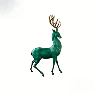 Escultura de Ciervo Corriendo en Latón Verdigris Forjado a Mano Resistente a la Intemperie con Astas Doradas - Elegante Adorno para Exteriores para Paisajes de Hoteles - Product Image 1