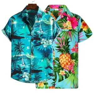 メンズハワイアンシャツサマーフローラルトップスカラフルストライプブラウスビーチリゾートウェアフルーツプリント服カジュアルシャツ