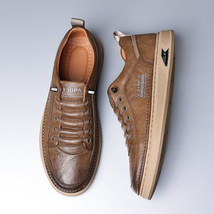 Y3OPA Men's Genuine <b>Leather</b> Lace-up <b>Sneakers</b> Round Toe Rubber Outsole EVA Midsole Summer Casual Shoes - Product Image 2