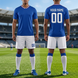 Nouvel ensemble maillot de football personnalisé 2026 pour homme, col en V bleu, manches courtes, imprimé par sublimation, short blanc respirant, tenue d'équipe adulte - Product Image 2