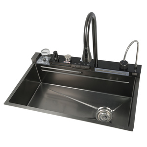 Moderno <span class=keywords><strong>lavello</strong></span> da <span class=keywords><strong>cucina</strong></span> a tazza singola fatto a mano rubinetto a cascata nero multifunzione con sistema di drenaggio a tre fori - Product Image 1