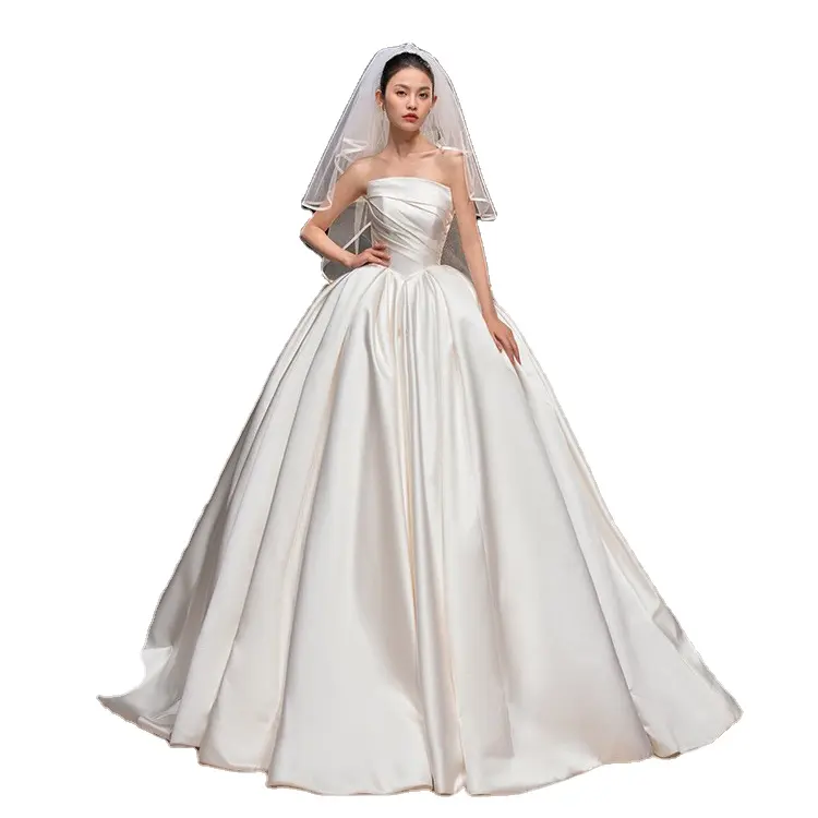 Nuevo vestido de novia de satén blanco elegante textura tubo superior cola grande vestido de novia