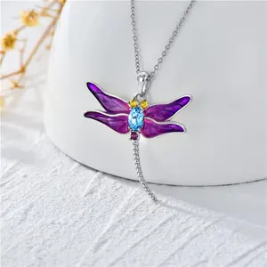 Trendy Necklace Fashion Trendy 925 Sterling Silver Jewelry Crystal Enamel Dragonfly Pendant Necklace For Women