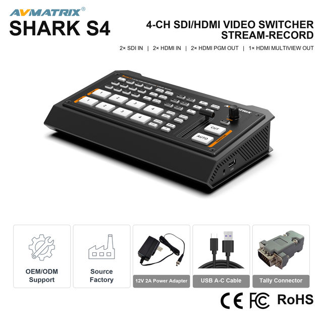 MICRO 4-CH 4K MULTI-FORMAT LIVE STREAM VIDEO SWITCHER with RTMP/SRT USB-C Dual Outputs Embedded Audio Mixer Multi-Key Effects
