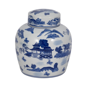 Vaso decorativo in ceramica con coperchio, design paesaggistico blu e bianco, per la casa, soggiorno, camera da letto, ufficio. - Product Image 4