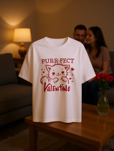 Purr-Fect Valentine T-shirt imprimé chat pour femmes et hommes, manches courtes, blanc, décontracté, col rond, printemps-été - Product Image 2