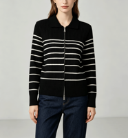 Cardigan en tricot rayé pour femmes en tissu doux, col polo côtelé, manches longues, coupe slim