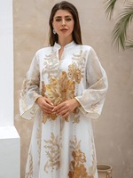 Abaya Modeste pour Femme à Motifs Floraux et Géométriques, Faite à la Main en Polyester Anti-Boulochage avec Jupe à Paillettes Brûlées, Style Musulman