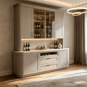 Meuble bar encastré sur mesure avec accents dorés, coins cannelés incurvés, plateau en marbre, portes vitrées, éclairage LED, rangement pour <span class=keywords><strong>vin</strong></span>, tiroirs, OEM - Product Image 1