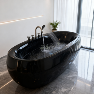 Bañera Ovalada Moderna de Acrílico, Independiente, Blanca/Negra Brillante, con Drenaje Central, Diseño Duradero para Remojar, Portátil para <span class=keywords><strong>Apartamentos</strong></span> - Product Image 1