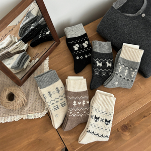 <strong>Fairisle</strong> Style Wool Small Tree <strong>Socks</strong> Women's Retro Medium-length Japanese Autumn and Winter Cartoon Animal Pile <strong>Socks</strong> Stockings - Product Image 2