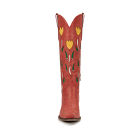 WETKISS Vente en gros Bottes d'été florales pour femmes, bottes de cowgirl à talon épais, bottes hautes rouges à bout pointu avec rivets