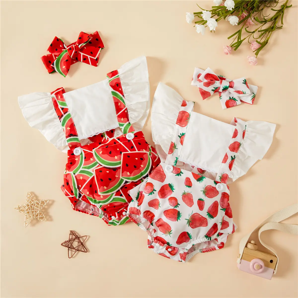 2022 Ins Summer Newborn Girls Fly Sleeve Rompers Watermelon Strawberry Printed Soft Infant Jumpsuits Baby Climbing Suit