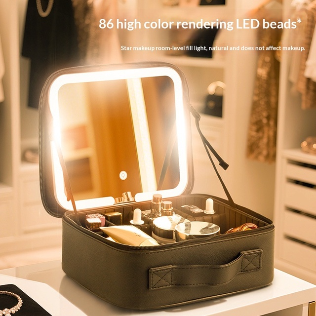 Waterproof Zipper Leather PU Case Fashion Makeup Bag Large Capacity LED Mirror Handheld Travel Eco-Friendly Multi-Function