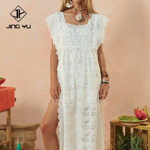 Manufacturer-designed vintage white side-slit embroidered lace <b>robe</b> custom 100% organic cotton Maxi Dress - Product Image 1