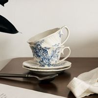 Ensemble tasse et soucoupe en céramique style pastoral vintage français, motif fleur de Campsis, avec anse, capacité 250 ml, pour café, latte, thé de l'après-midi, dessert