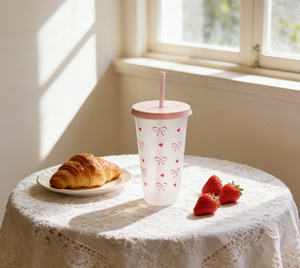 Reusable Transparent PP Tumbler With Lid and Straw 24oz Pink Bow Cute <b>Drinkware</b> for Birthday Party <b>Plastic</b> Cup - Product Image 1