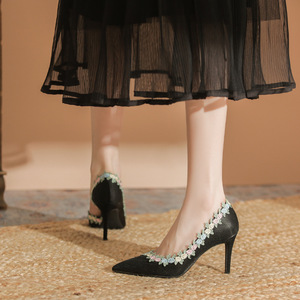 Escarpins à talon aiguille et bout pointu 8001A, broderie florale, slingback, chaussures à talon haut respirantes, peep toe, mode estivale pour femme - Product Image 4