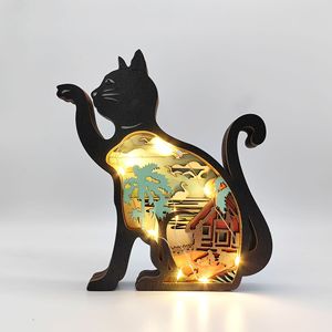 Uionen Hand Carved Wooden Cat Statue Animal <b>Craft</b> Decor Home Office Tabletop Decorative Desktop Ornament - Product Image 2
