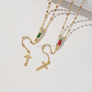 Joyería Religiosa Collar con Colgante de Zirconia de Guadalupe Virgen María <span class=keywords><strong>San</strong></span> <span class=keywords><strong>Benito</strong></span> Rosario <span class=keywords><strong>Cruz</strong></span> Tricolor Chapado en Oro de 14k - Product Image 1