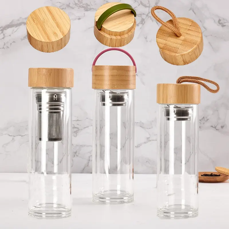Portable Glass Water Bottle With Tea Infuser And Non Slip Sleeve Double Wall Borosilicate Travel Tumbler With Bamboo Lid