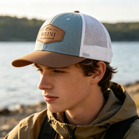 BSCI OEM Custom Hoge Kwaliteit Luxe Gestreepte 6-Panel Blauwe Denim Lederen Patch Logo Gorras Mesh Gouden Koperen Gesp 112 Trucker Pet