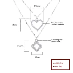 Модное женское Двухслойное ожерелье с фианитом, 925 серебряное ожерелье с четырехлистным клевером, подвеска в виде сердца для ювелирных изделий