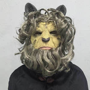 Masque intégral en latex <span class=keywords><strong>de</strong></span> créature féroce, thème amusant et original, peau jaunâtre, cornes foncées, cheveux bouclés, barbe texturée réaliste, doux - Product Image 1