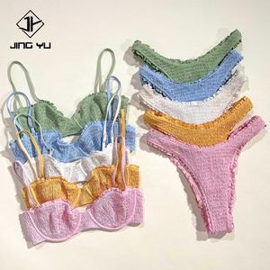 Custom Logo Original Two Piece Swimwear High Rise Seamless Pattern Pleated Swimsuit Crinkle Bikini Set Bikini <b>Swim</b> Suits Women - Product Image 1