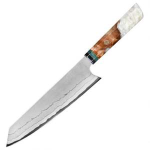 Couteaux de cuisine japonais 8'' en acier composite DAMASCUS à 7 couches, acier à haute teneur en carbone, ambidextres, écologiques, couteau de chef, bois de résine - Product Image 6