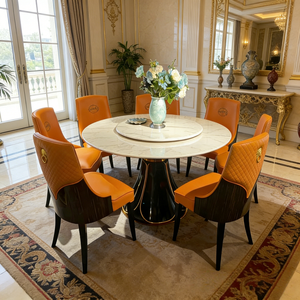 Ensemble de table <span class=keywords><strong>à</strong></span> <span class=keywords><strong>manger</strong></span> de style européen de luxe avec plateau en fibre de verre, pieds sculptés en or et chaises en cuir orange - Product Image 4
