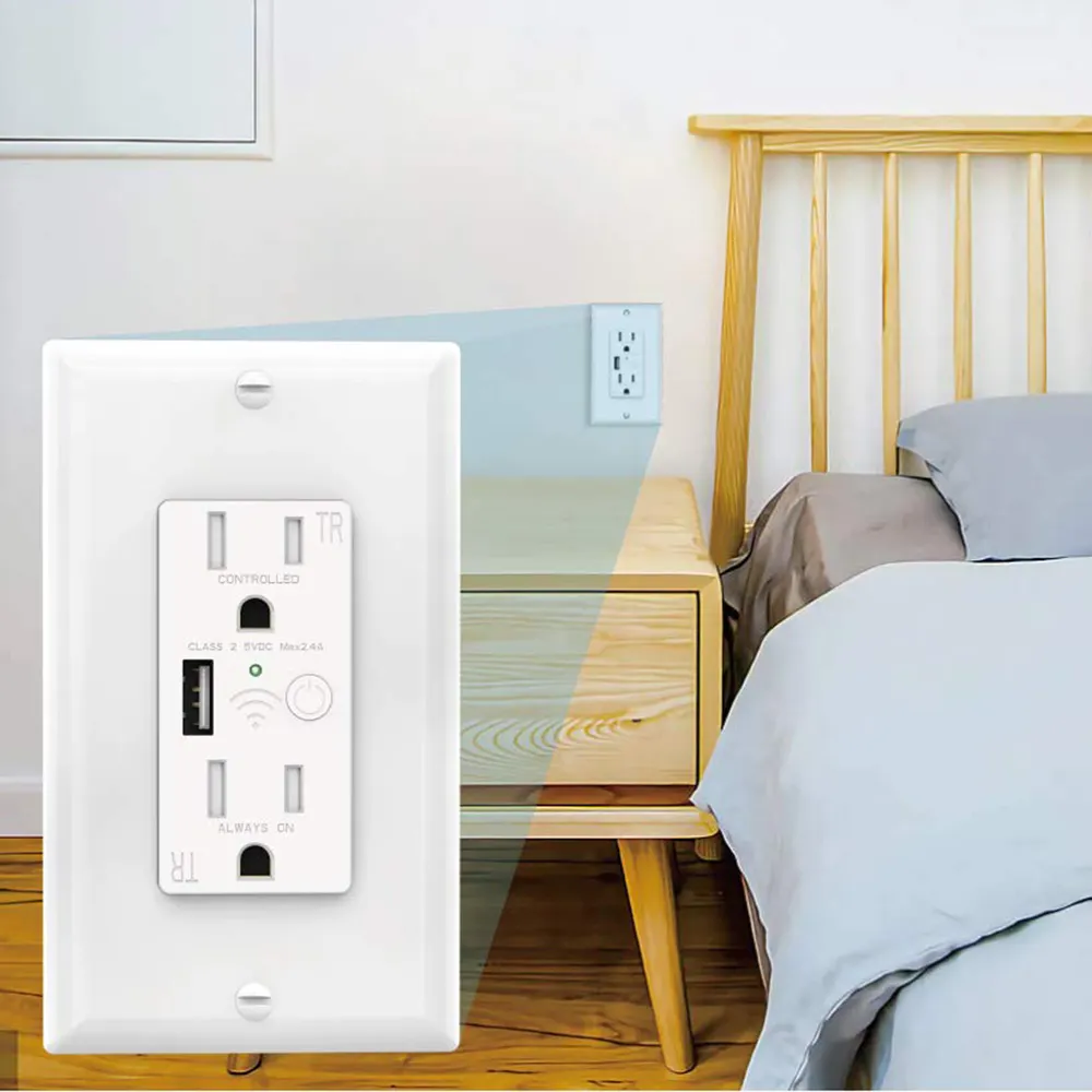 In-Wall Plug US 110V 15Amp Tuya Timer APP WiFi Smart USB Socket and Switch Amazon Alexa Google Home Wall Outlet