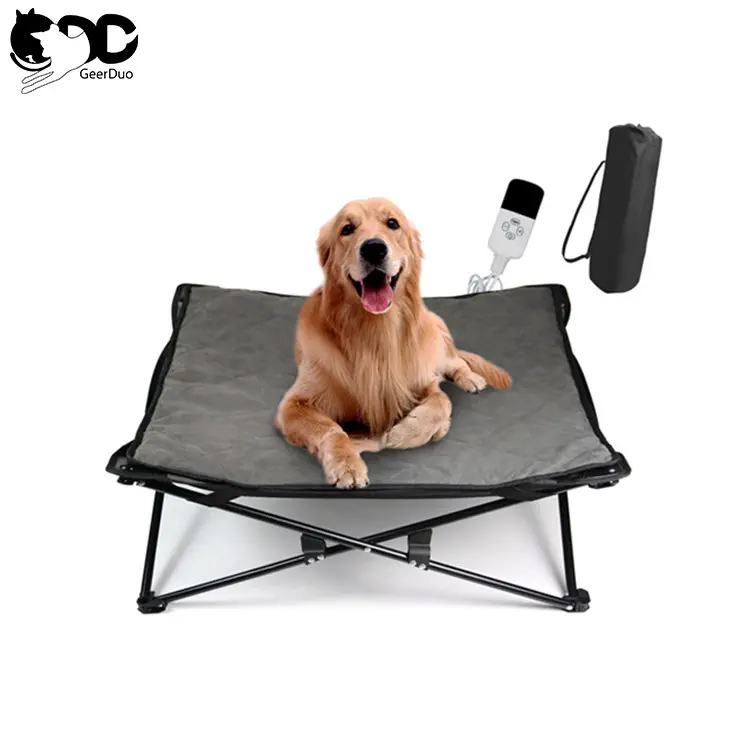 GeerDuo-cama de descanso para perros y mascotas, estructura de acero plegable y portátil, con calefacción, para acampar y viajar, con bolsa de transporte