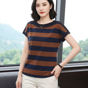 <b>Women's</b> Striped Crew Neck Short Sleeve T-Shirt Regular Fit Casual Knitted Cotton Top Anti-Shrink Logo 180g Spring Summer - Product Image 2