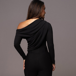 Women's Off Shoulder Asymmetrical Neck Bodysuit <b>Long</b> <b>Sleeve</b> High Elasticity Knitted Polyester <b>Base</b> <b>Layer</b> Sexy Tight Fit - Product Image 4
