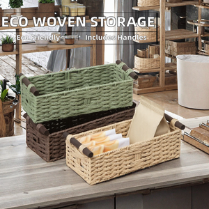 Paniers de rangement rectangulaires tissés avec poignées, en osier naturel, design rustique polyvalent pour l'organisation de la maison - Product Image 2