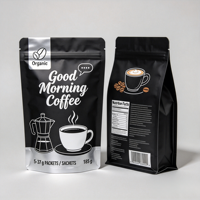 Sacs d'emballage pour grains de café de 1 kg, impression personnalisée, finition mate, en plastique et aluminium avec valve et fermeture éclair, fond plat