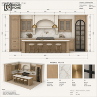 Meubles de cuisine modernes de style campagne française en chêne blanc naturel, avec alcôve en plâtre cintrée et marbre Calacatta, menuiserie de penthouse