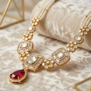 Elegant 925 Silver <b>Ruby</b> Pearl <b>Necklace</b> Set Traditional Bridal Jewelry Ethnic Pendant Earrings Design for Women Wedding Jewelry - Product Image 2