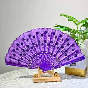 Mode tissu paon motif paillettes PS estampage à chaud en plastique os Handfan belle sexe dentelle main ventilateur pour cadeau de mariage