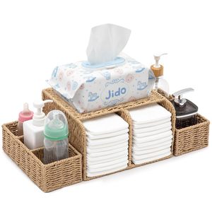 Cesta de mimbre para pañales, estante de almacenamiento con compartimentos para toallitas y biberones, organizador de escritorio rectangular - Product Image 1
