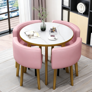 Tavolo da Pranzo Rotondo <span class=keywords><strong>in</strong></span> Acciaio Resistente e Legno con 4 Sedie <span class=keywords><strong>in</strong></span> Offerta, Piccolo Tavolino da Caffè Moderno <span class=keywords><strong>in</strong></span> <span class=keywords><strong>Marmo</strong></span> <span class=keywords><strong>per</strong></span> Cucina, Uso Domestico e Alberghiero - Product Image 1