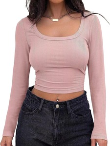 T-<span class=keywords><strong>shirt</strong></span> décontracté polyvalent à manches courtes ou longues et col carré, coupe ajustée, très tendance - Product Image 2