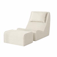 Chaise longue inclinable en velours côtelé ivoire à une place avec ottoman, ensemble compact pour salon et petit appartement