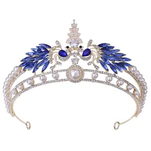 Mahkota Tiara Kuningan Berlapis Emas dan Perak Kristal, Tiara Pasangan Phoenix Biru Mewah Kualitas Tinggi