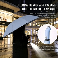 Parapluie publicitaire LED pliable en trois sections avec lampe torche intégrée, cadre à double nervure, parapluie automatique personnalisable avec logo